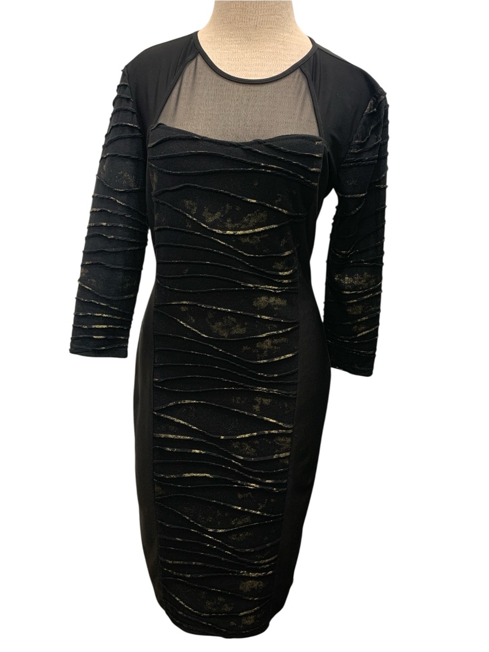 Frank Lyman Design Black Dress with Gold Accents and Mesh Yoke Size M